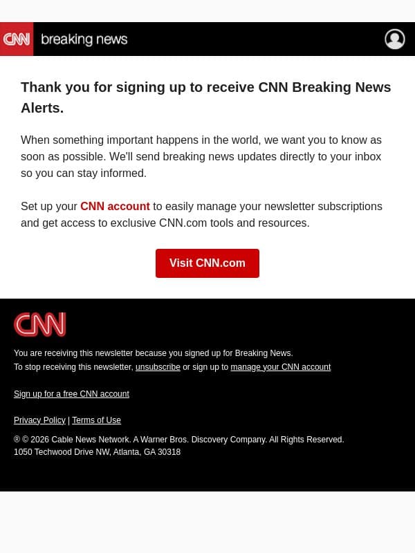 Welcome to CNN Breaking News email from CNN screenshot