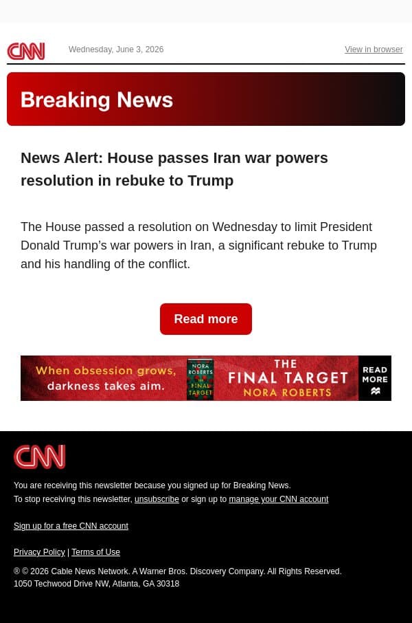 News Alert: House passes Iran war powers resolution in rebuke to Trump email from CNN screenshot