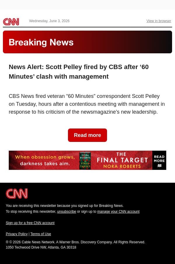 News Alert: Scott Pelley fired by CBS after ‘60 Minutes’ clash with management email from CNN screenshot