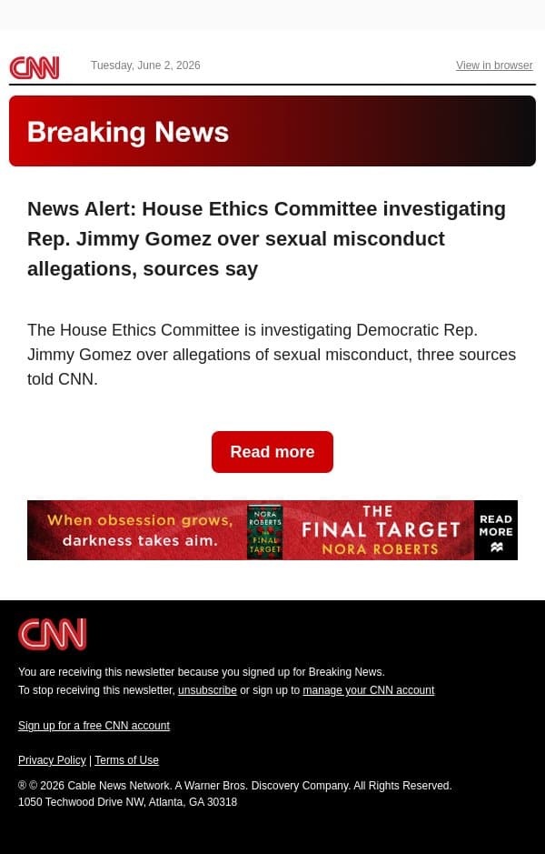 News Alert: House Ethics Committee investigating Rep. Jimmy Gomez over sexual misconduct allegations, sources say email from CNN screenshot