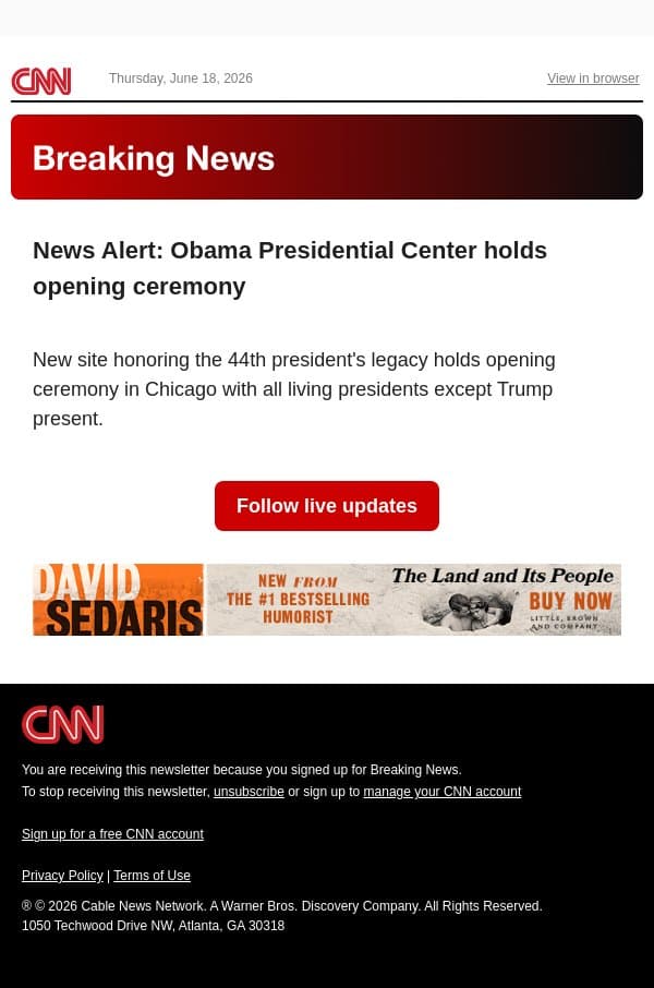 News Alert: Obama Presidential Center holds opening ceremony email from CNN screenshot