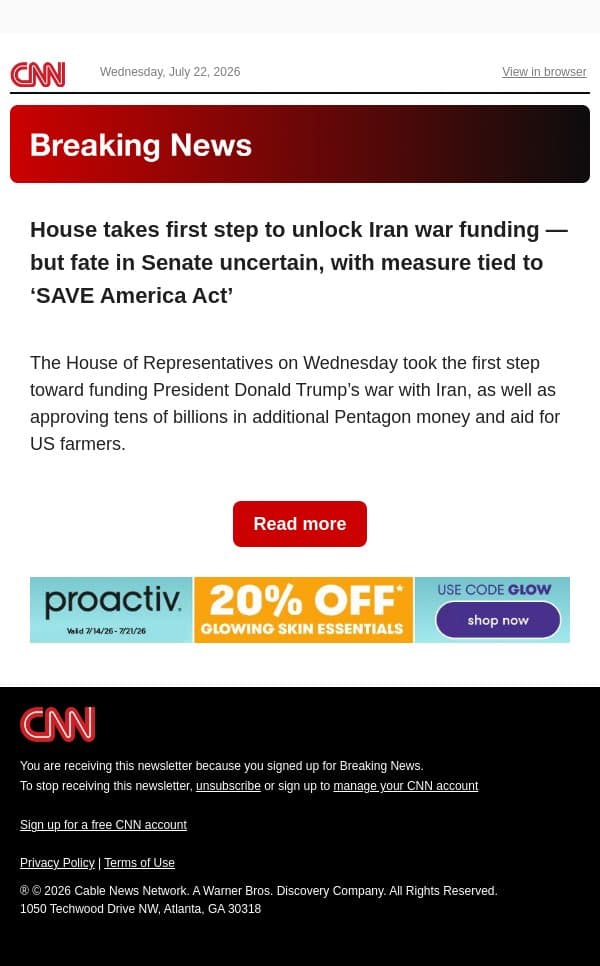 House takes first step to unlock Iran war funding — but fate in Senate uncertain, with measure tied to ‘SAVE America Act’ email from CNN screenshot