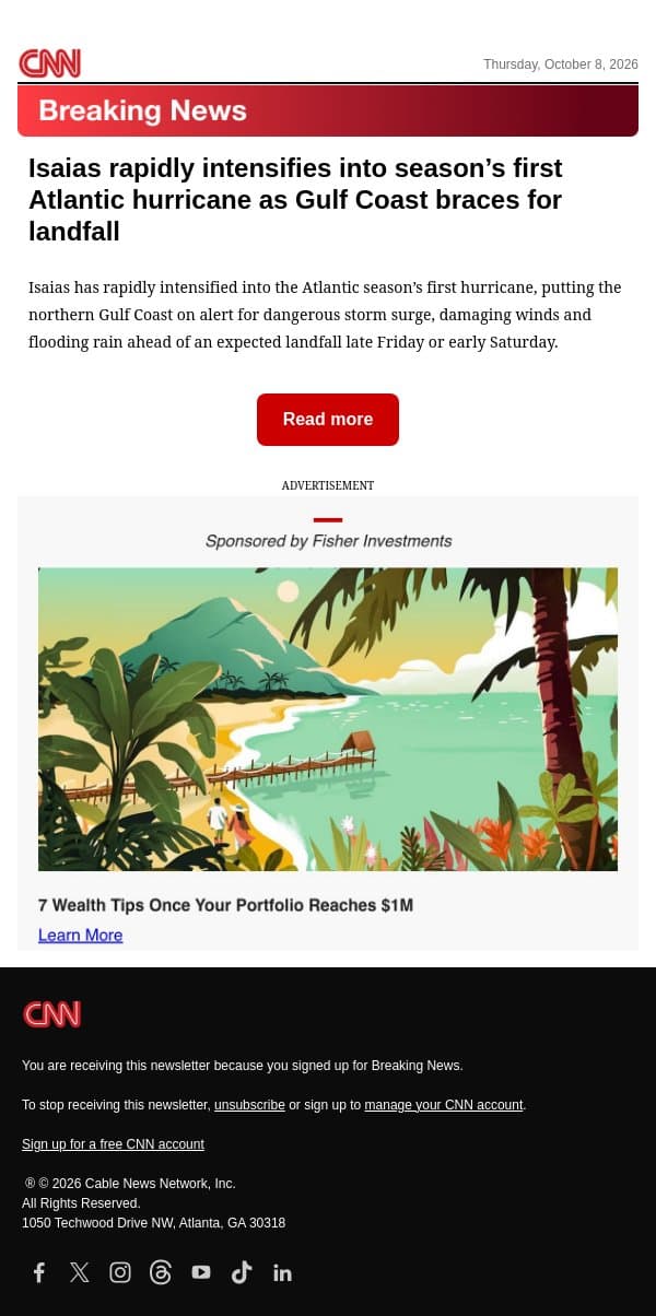 Isaias rapidly intensifies into season’s first Atlantic hurricane as Gulf Coast braces for landfall email from CNN screenshot