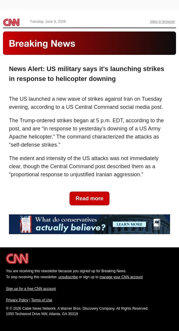 News Alert: US military says it's launching strikes in response to helicopter downing email from CNN screenshot