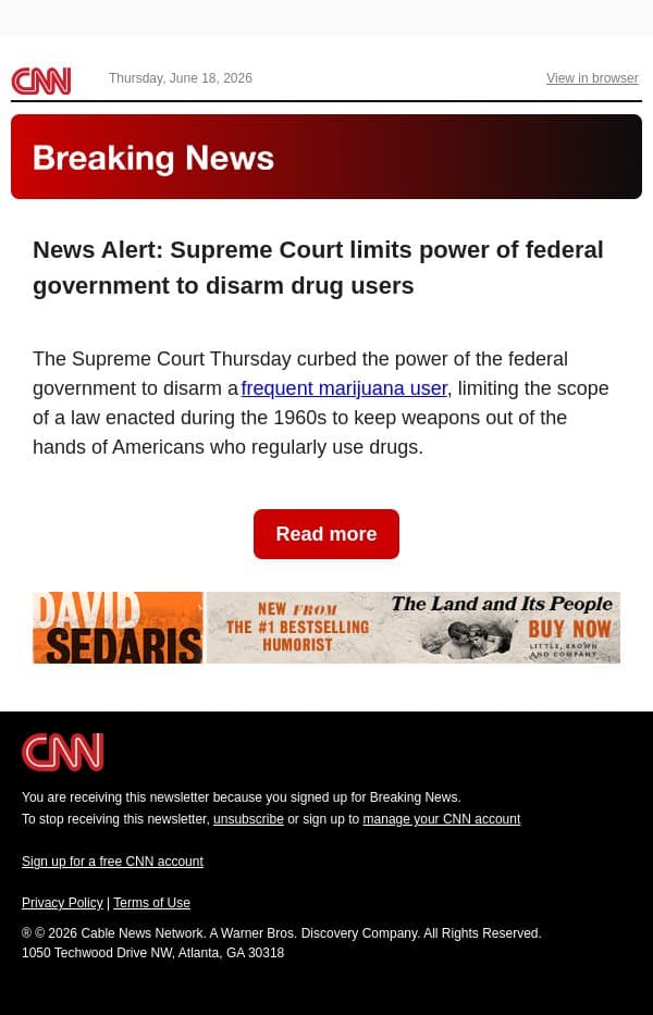 News Alert: Supreme Court limits power of federal government to disarm drug users email from CNN screenshot