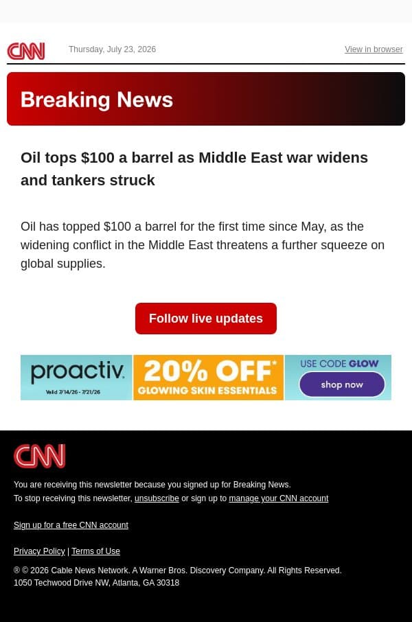 Oil tops $100 a barrel as Middle East war widens and tankers struck email from CNN screenshot
