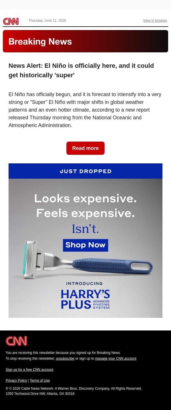 News Alert: El Niño is officially here, and it could get historically 'super' email from CNN screenshot