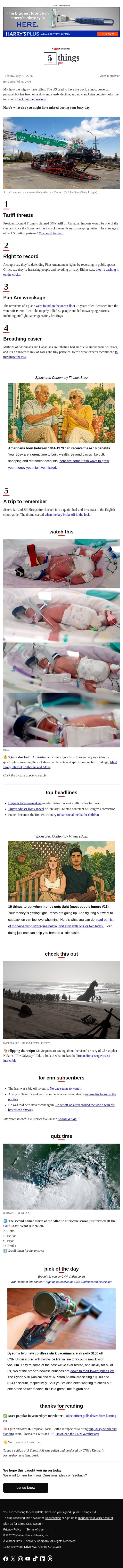 Tariff threats, Pan Am wreckage, most powerful passports email from CNN screenshot