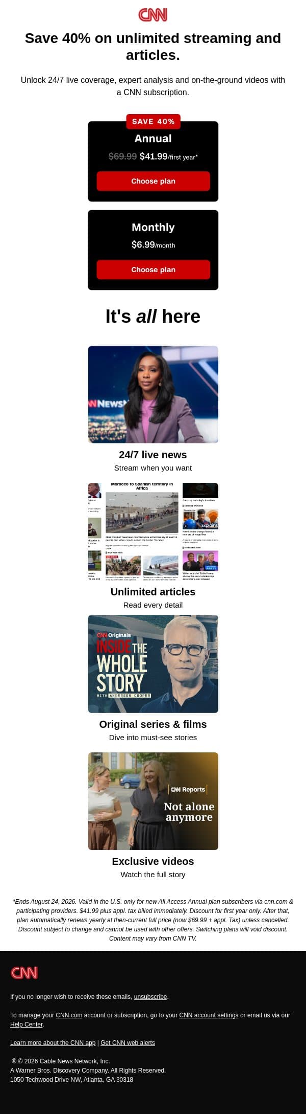 Unlock your welcome offer today. email from CNN screenshot
