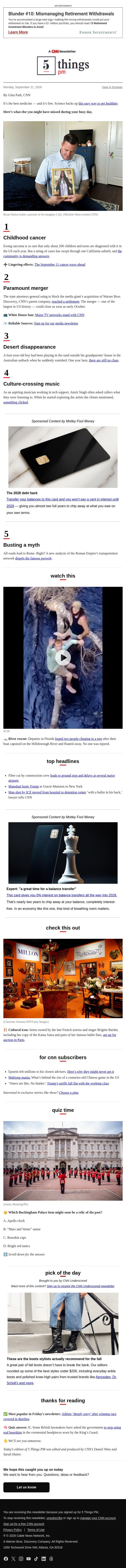 Rare childhood cancer, Paramount merger, desert disappearance email from CNN screenshot