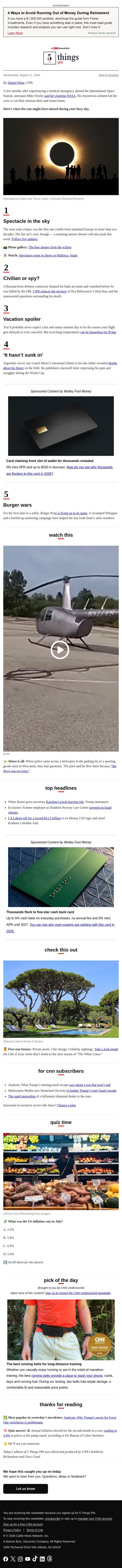 Spectacle in the sky, vacation spoiler, burger wars email from CNN screenshot