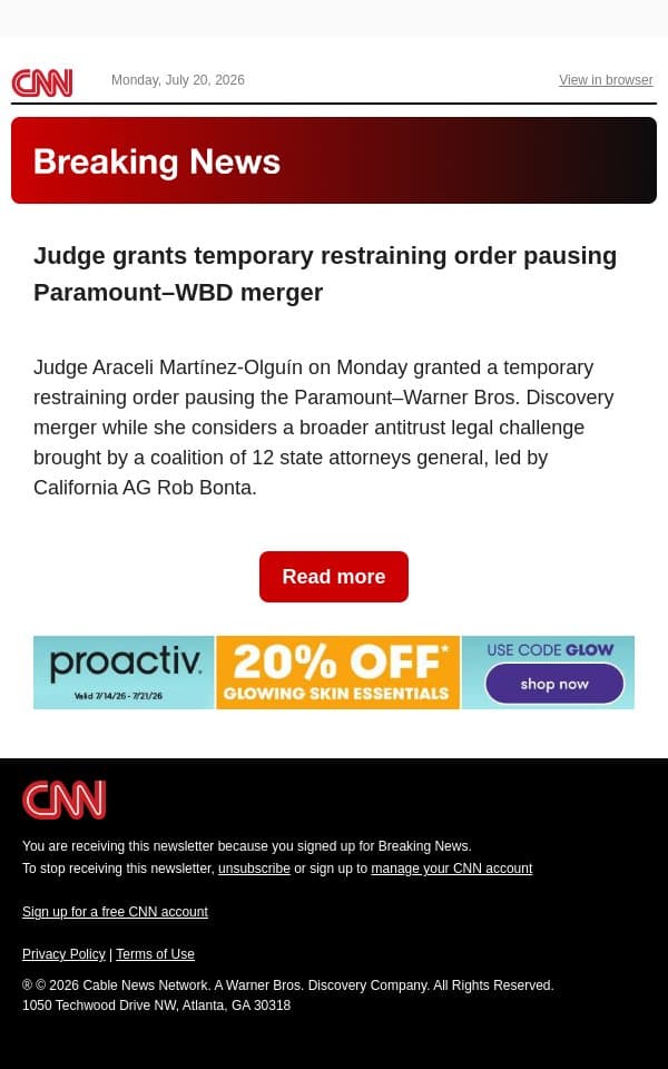 Judge grants temporary restraining order pausing Paramount–WBD merger email from CNN screenshot