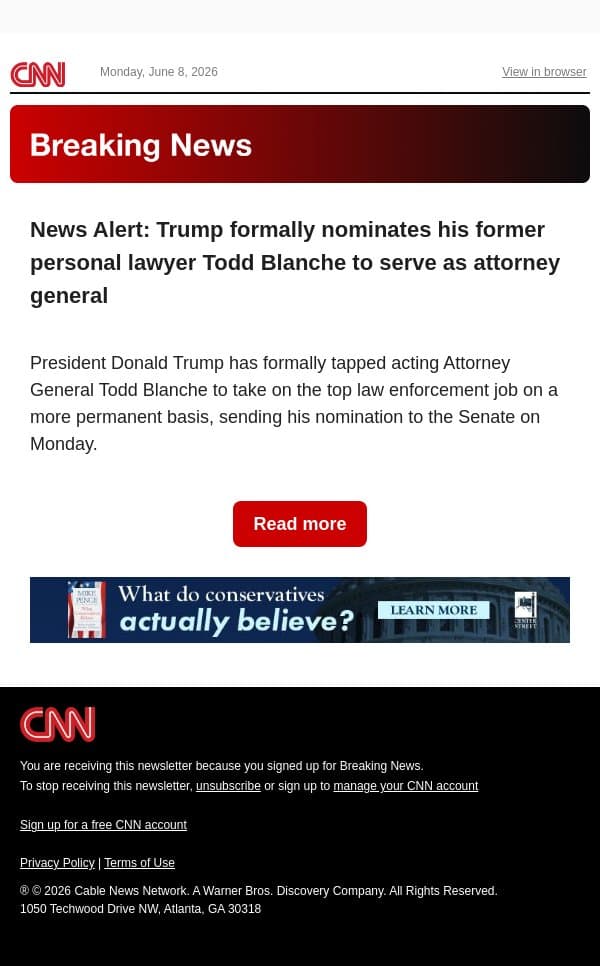 News Alert: Trump formally nominates his former personal lawyer Todd Blanche to serve as attorney general email from CNN screenshot
