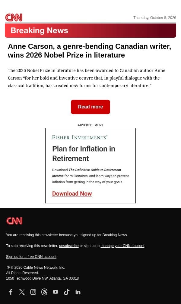 Anne Carson, a genre-bending Canadian writer, wins 2026 Nobel Prize in literature email from CNN screenshot