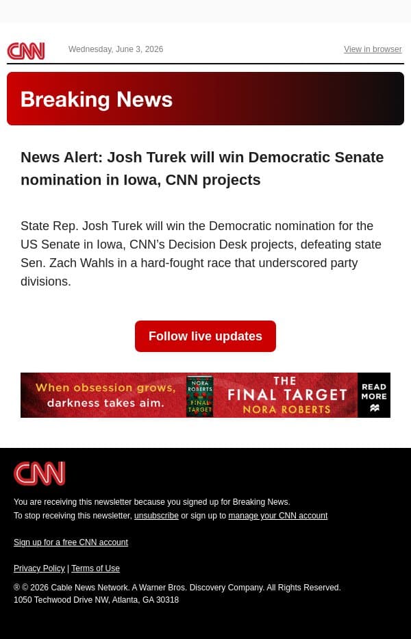 News Alert: Josh Turek will win Democratic Senate nomination in Iowa, CNN projects email from CNN screenshot