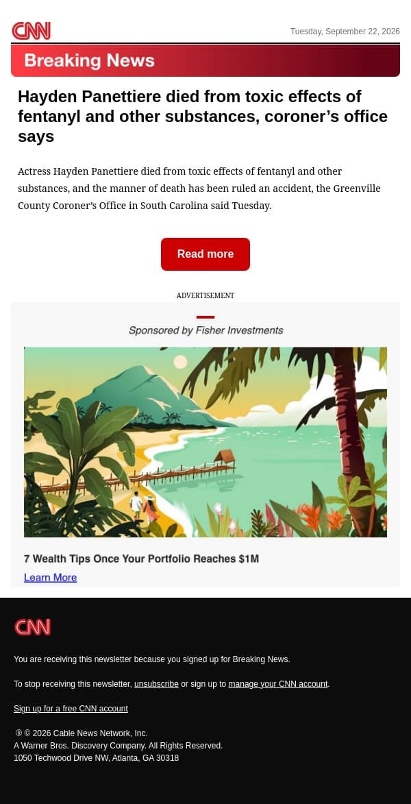 Hayden Panettiere died from toxic effects of fentanyl and other substances, coroner’s office says email from CNN screenshot