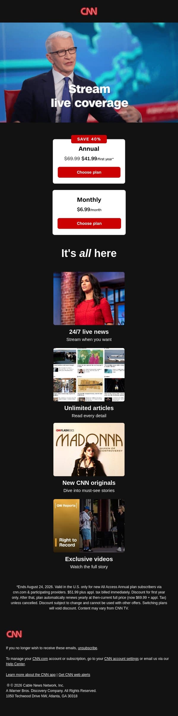 Access essential reporting without limits for 40% off. email from CNN screenshot