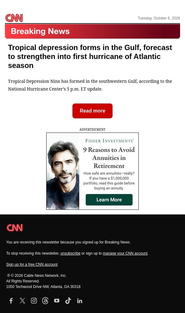 Tropical depression forms in the Gulf, forecast to strengthen into first hurricane of Atlantic season email from CNN screenshot