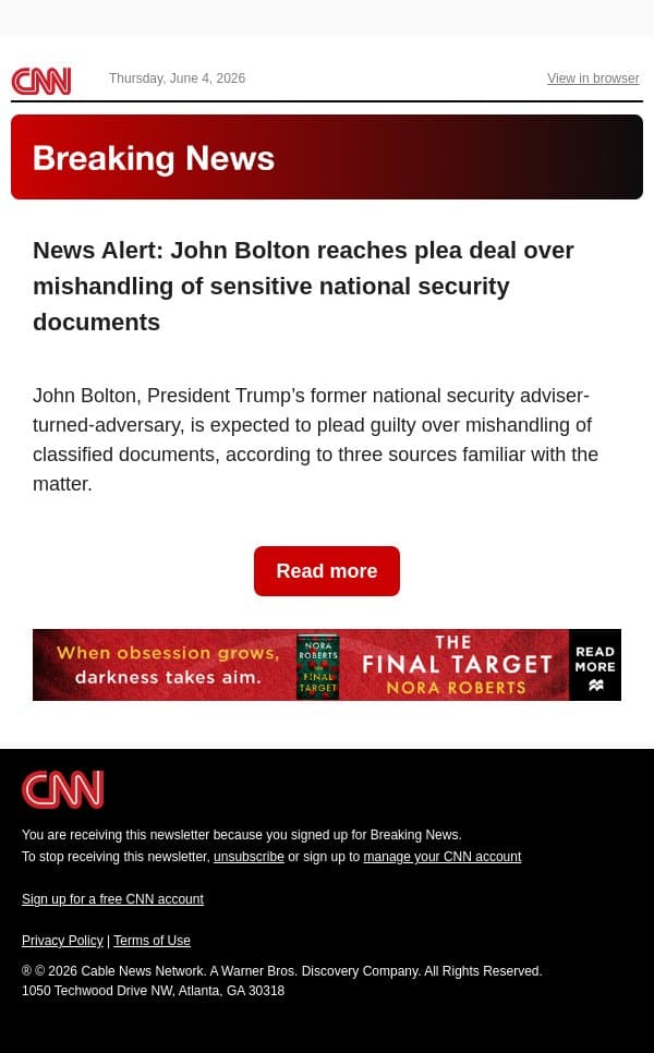 News Alert: John Bolton reaches plea deal over mishandling of sensitive national security documents email from CNN screenshot