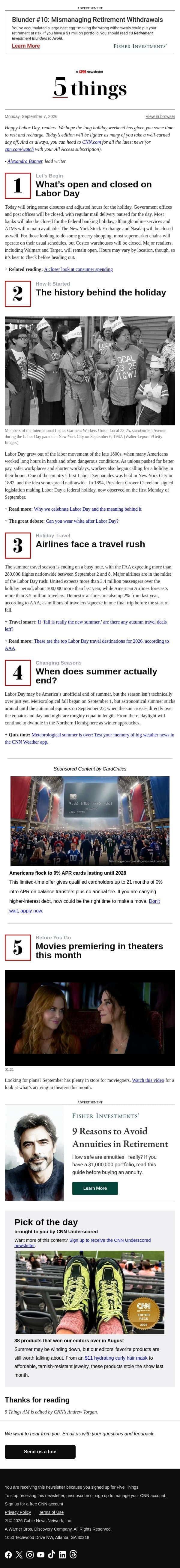 What’s open and closed on Labor Day email from CNN screenshot