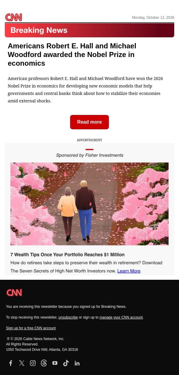 Americans Robert E. Hall and Michael Woodford awarded the Nobel Prize in economics email from CNN screenshot