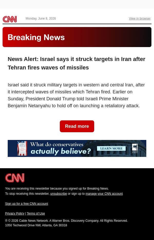News Alert: Israel says it struck targets in Iran after Tehran fires waves of missiles email from CNN screenshot