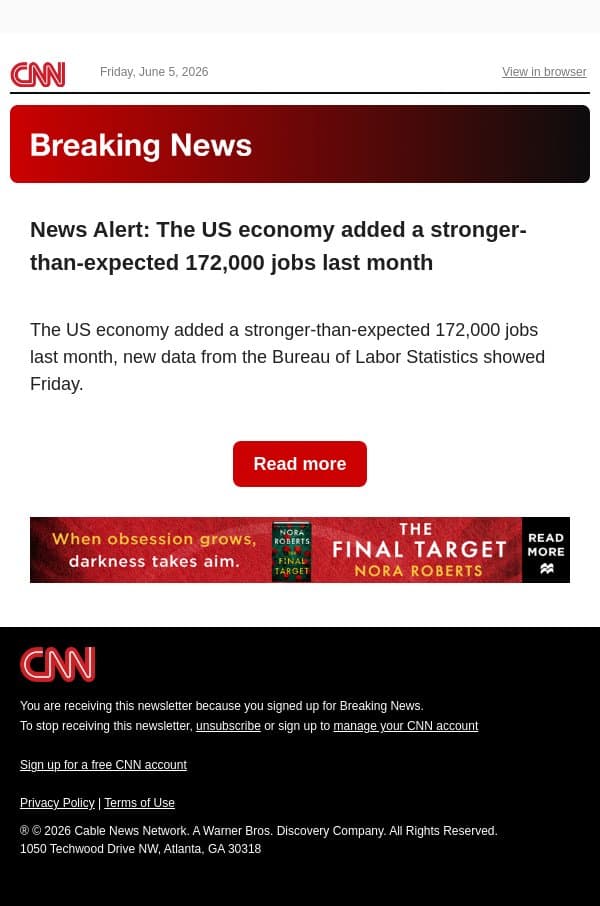 News Alert: The US economy added a stronger-than-expected 172,000 jobs last month email from CNN screenshot