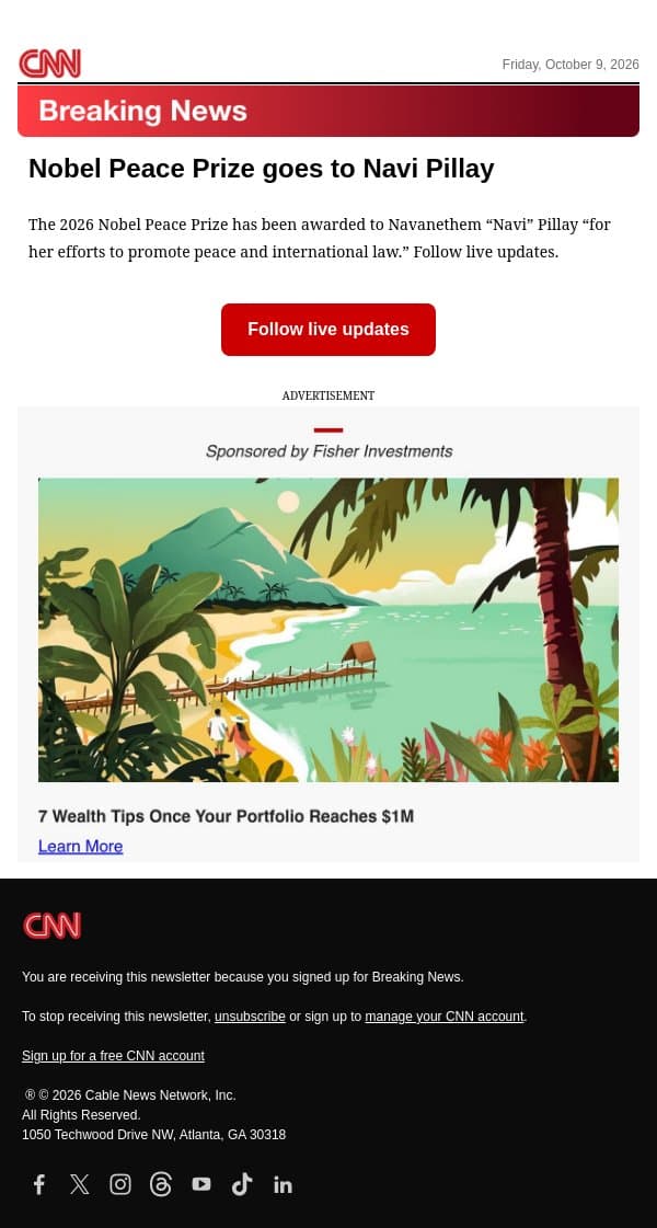 Nobel Peace Prize goes to Navi Pillay email from CNN screenshot