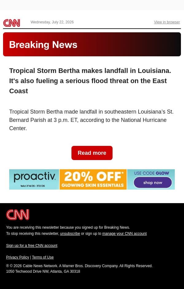 Tropical Storm Bertha makes landfall in Louisiana. It's also fueling a serious flood threat on the East Coast email from CNN screenshot