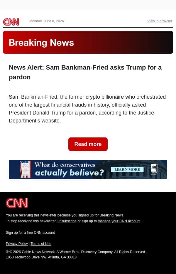 News Alert: Sam Bankman-Fried asks Trump for a pardon email from CNN screenshot