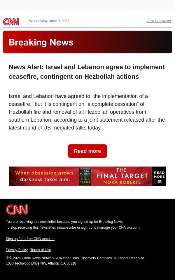 News Alert: Israel and Lebanon agree to implement ceasefire, contingent on Hezbollah actions email from CNN screenshot