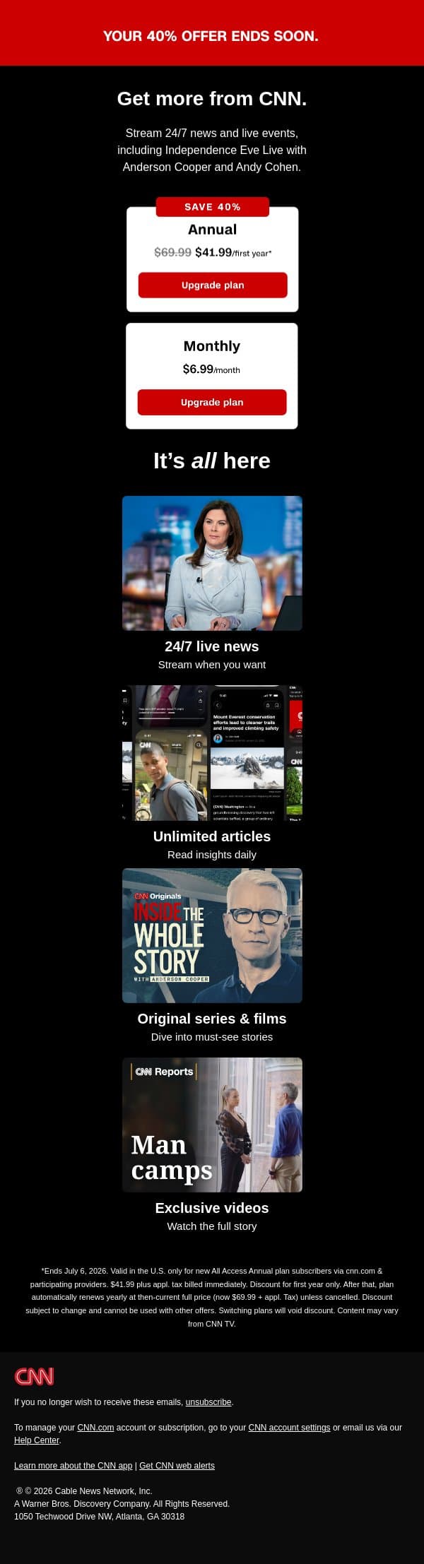 Spend Independence Eve with Anderson and Andy. email from CNN screenshot