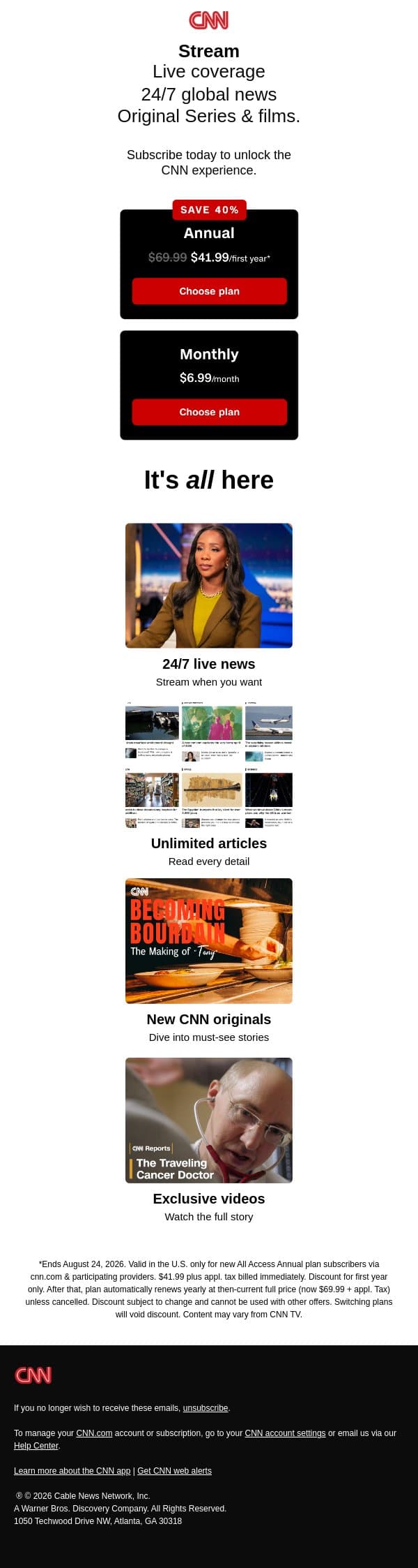 Don't miss critical reporting for 40% off. email from CNN screenshot