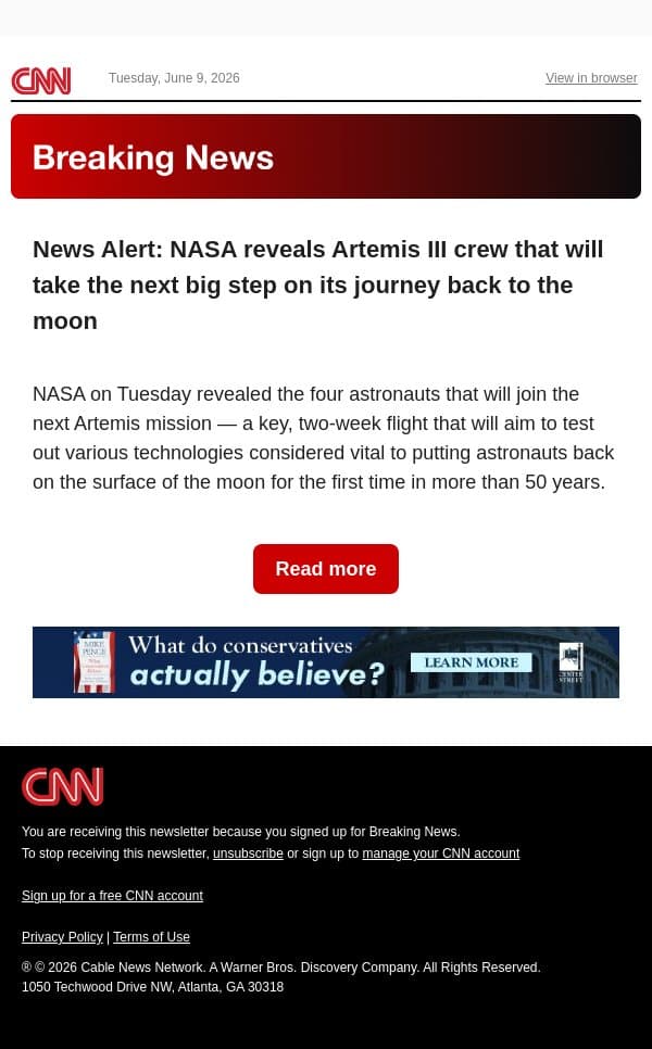 News Alert: NASA reveals Artemis III crew that will take the next big step on its journey back to the moon email from CNN screenshot
