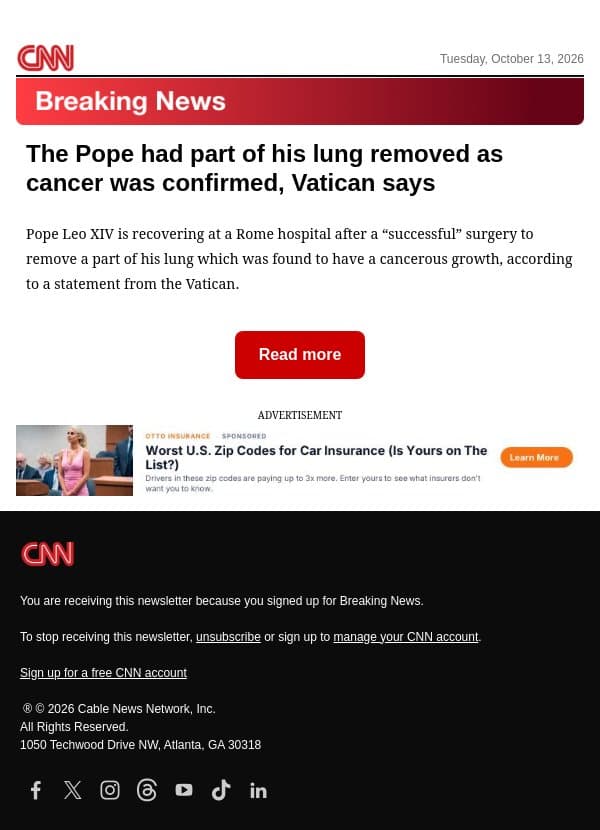 The Pope had part of his lung removed as cancer was confirmed, Vatican says email from CNN screenshot