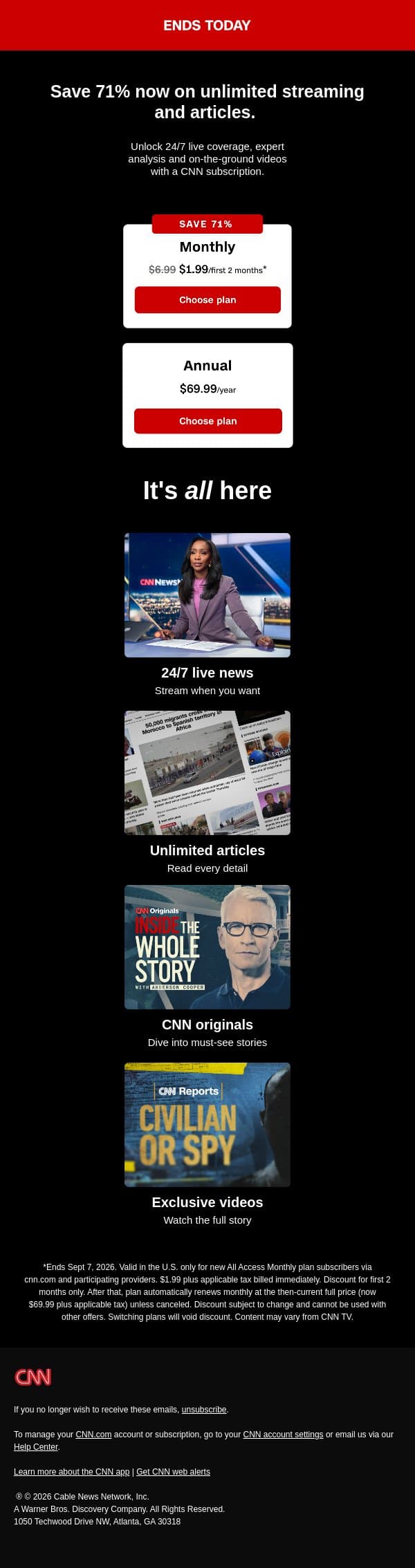 $2/month to stream CNN anytime ends today. email from CNN screenshot