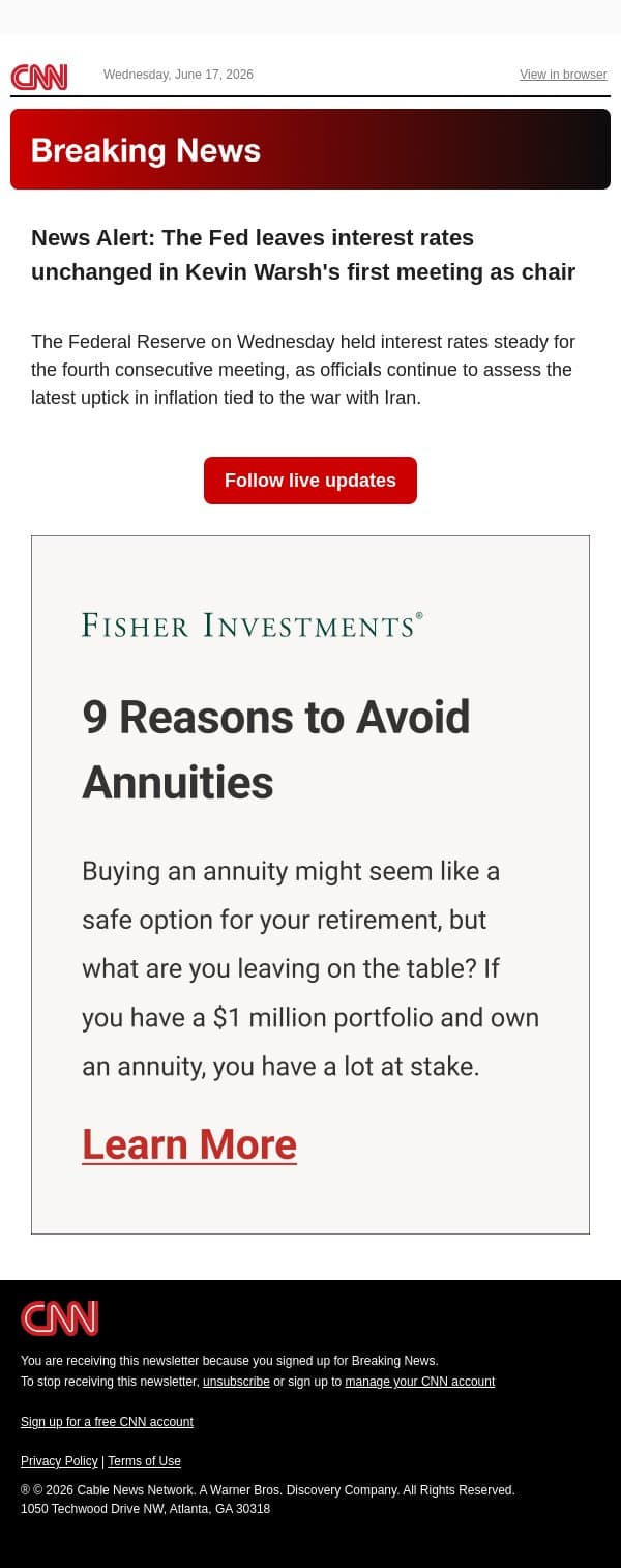News Alert: The Fed leaves interest rates unchanged in Kevin Warsh's first meeting as chair email from CNN screenshot