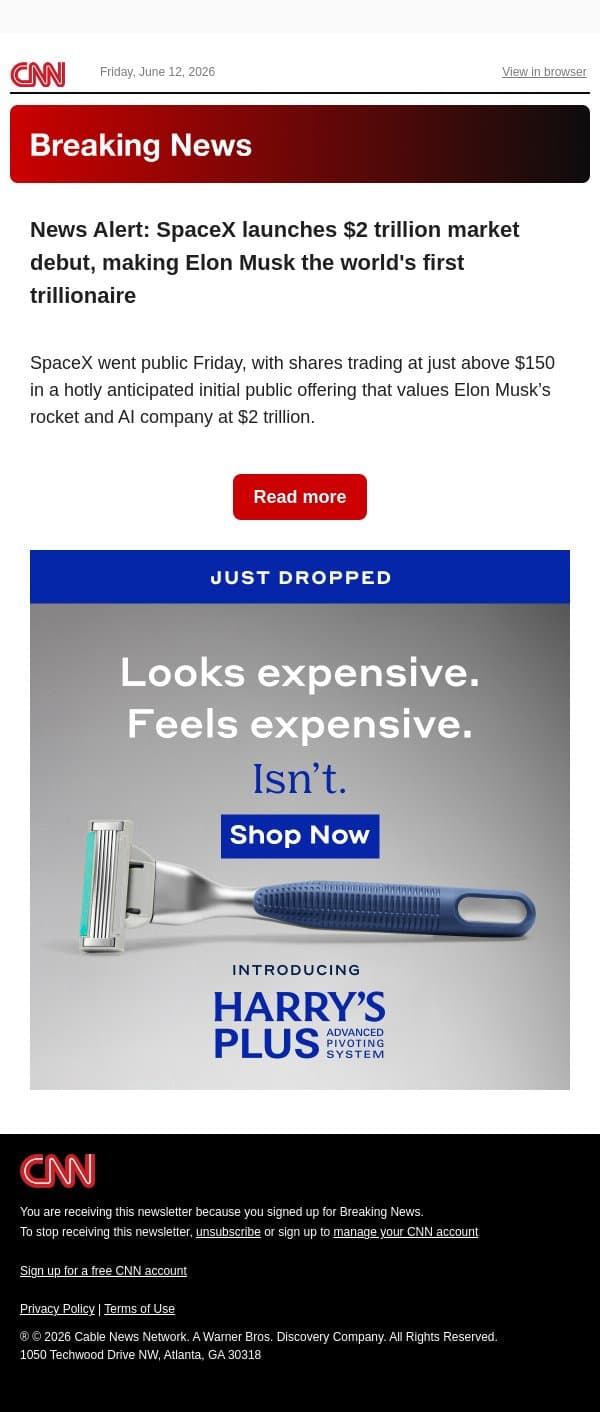 News Alert: SpaceX launches $2 trillion market debut, making Elon Musk the world's first trillionaire email from CNN screenshot