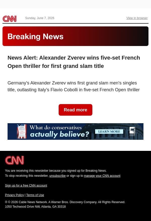 News Alert: Alexander Zverev wins five-set French Open thriller for first grand slam title email from CNN screenshot