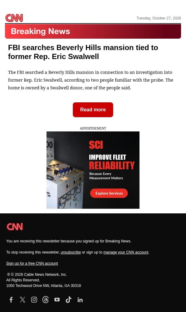 FBI searches Beverly Hills mansion tied to former Rep. Eric Swalwell email from CNN screenshot