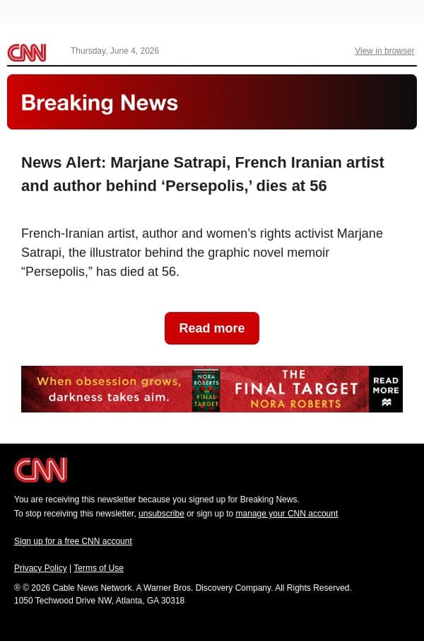 News Alert: Marjane Satrapi, French Iranian artist and author behind ‘Persepolis,’ dies at 56 email from CNN screenshot
