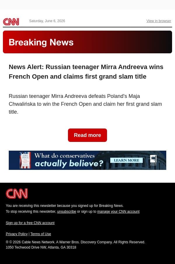 News Alert: Russian teenager Mirra Andreeva wins French Open and claims first grand slam title email from CNN screenshot