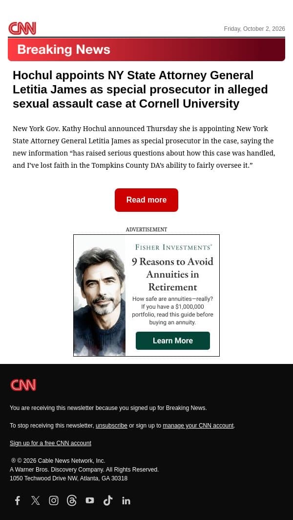 Hochul appoints NY State Attorney General Letitia James as special prosecutor in alleged sexual assault case at Cornell University email from CNN screenshot