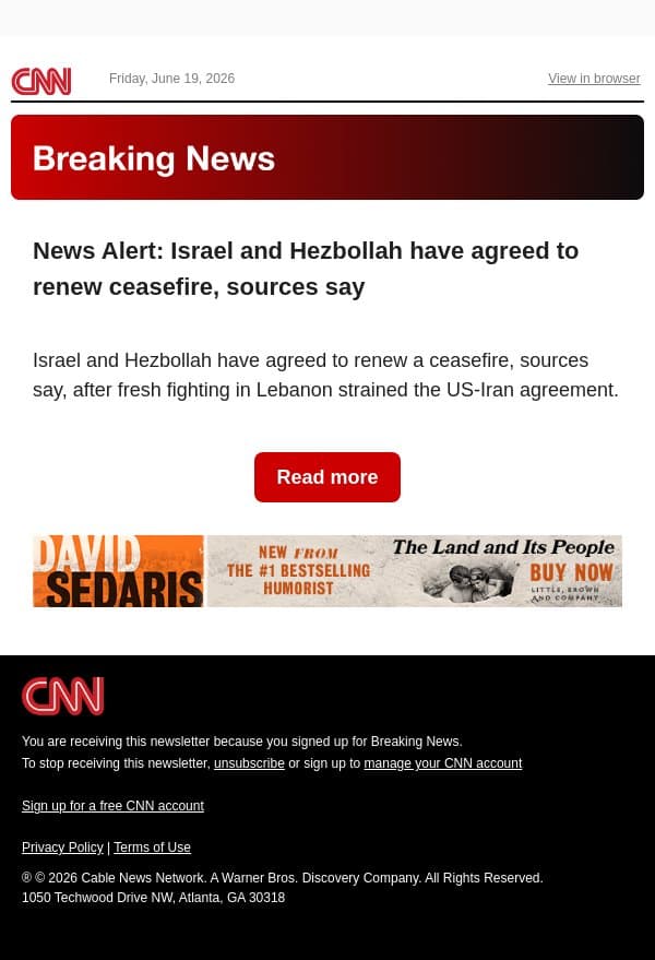 News Alert: Israel and Hezbollah have agreed to renew ceasefire, sources say email from CNN screenshot