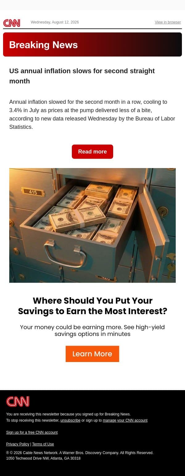 US annual inflation slows for second straight month email from CNN screenshot