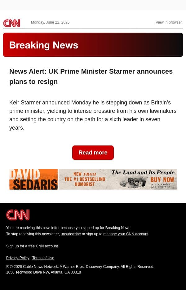 News Alert: UK Prime Minister Starmer announces plans to resign email from CNN screenshot