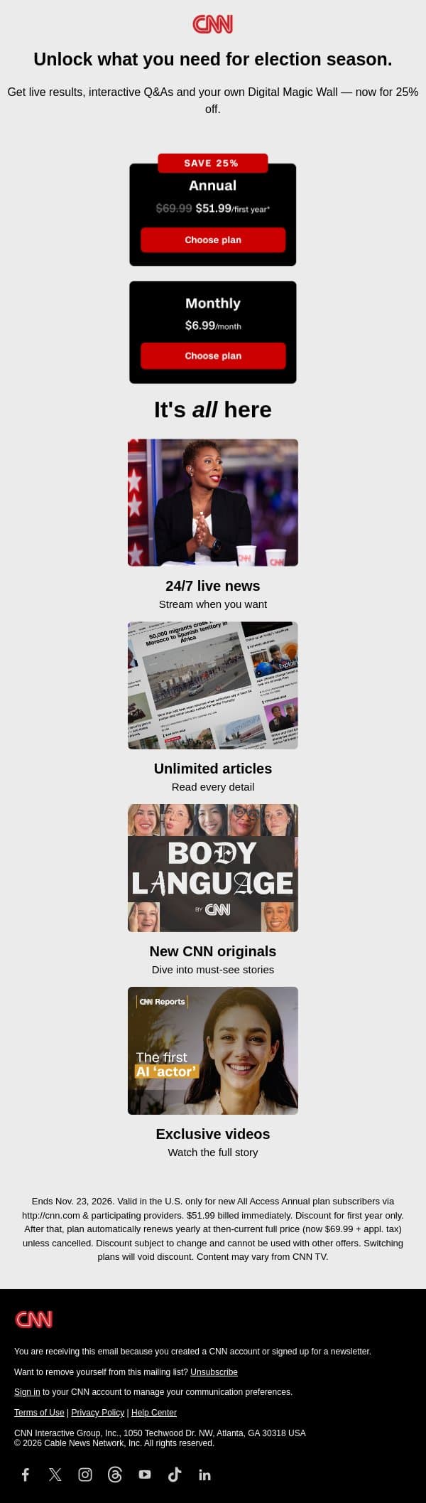 Get ready for the midterms for 25% off. email from CNN screenshot