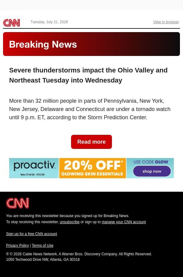 Severe thunderstorms impact the Ohio Valley and Northeast Tuesday into Wednesday email from CNN screenshot