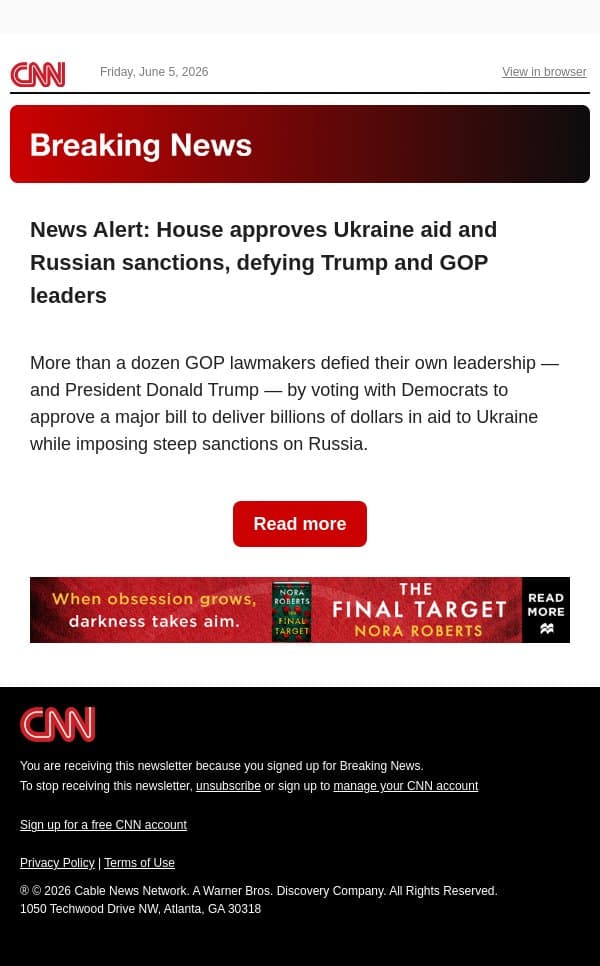 News Alert: House approves Ukraine aid and Russian sanctions, defying Trump and GOP leaders email from CNN screenshot