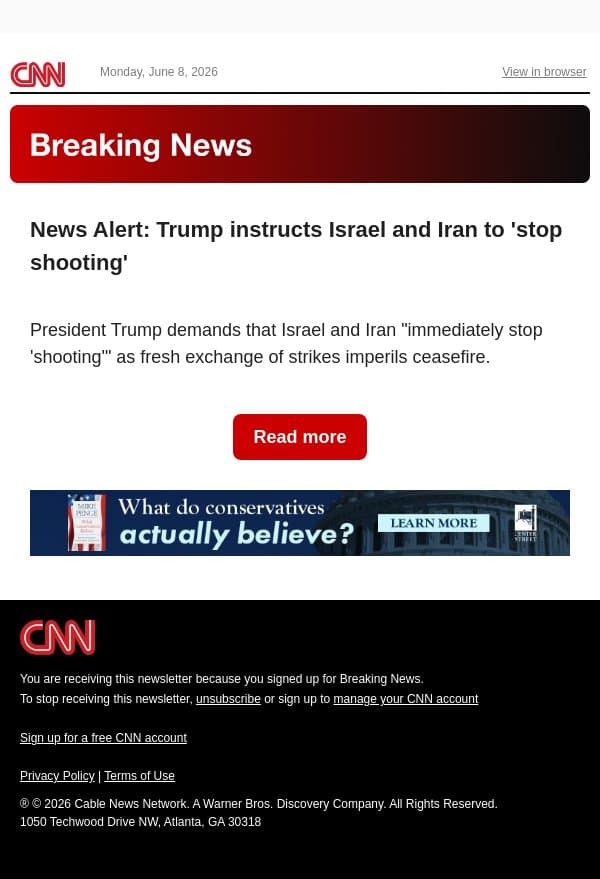 News Alert: Trump instructs Israel and Iran to 'stop shooting' email from CNN screenshot
